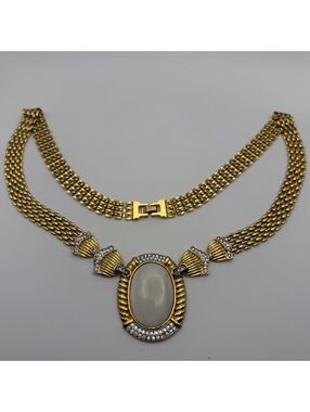 Vintage Butler Fifth Avenue Gold Tone Rhinestone White Cabochon Necklace Signed